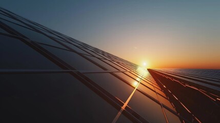 Fototapeta premium Solar farm with rows of photovoltaic panels under a clear sky, harnessing solar energy
