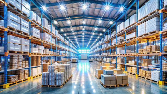 Rows of neatly stacked boxes containing various medications and pharmaceuticals fill shelves in a sprawling warehouse, illuminated by fluorescent lighting and ambient daylight.