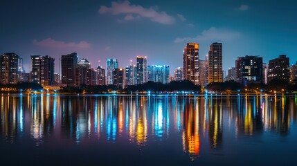 Fototapeta premium Nighttime cityscape with high-rise buildings reflecting in water. 