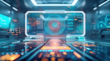 Fototapeta premium A futuristic workspace with digital screens and holographic ideas floating around. Futuristic, Illustration, Blue and White, Detailed