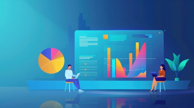 A high-quality vector image of a business meeting where a team is analyzing colorful pie and scatter plots in blue tones