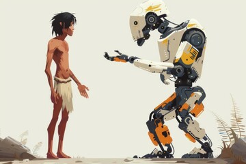 Primitive man and cyborg in drawing style