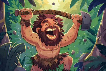 Character primitive caveman with stone ax