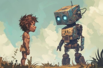 Primitive man and robot, technology development concept