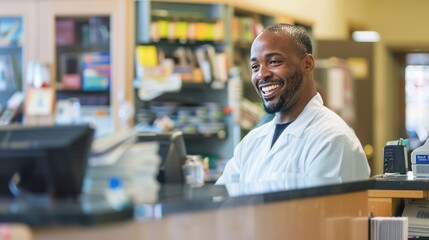 Obraz premium Postal worker interacting with customers at a post office counter.