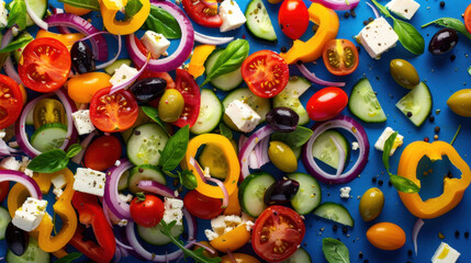 Colorful and fresh vegetable salad with tomatoes, cucumbers, olives, bell peppers, onion, and basil on a vibrant blue background