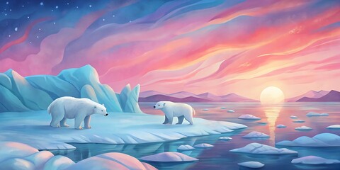 Polar Bear Family on Icebergs at Sunset as Wallpaper or Poster Design