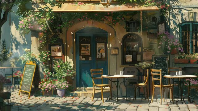 Animation Charming outdoor caf&eacute; with rustic decor generated with ai