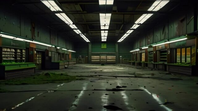 Apocalypse supermarket with lights still on