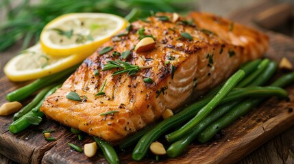 Seared salmon steak with fresh green beans and lemon slices, served on a wooden table, perfect for highlighting a gourmet culinary experience