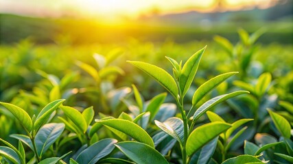 Fototapeta premium Green tea leaves in the sunlight.