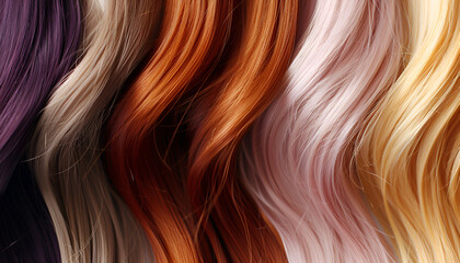 Naklejka premium Strands of different color hair as background, closeup