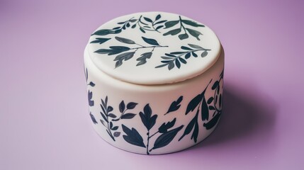 modern white cake with minimalistic dark green foliage patterns, isolated on a bright lavender backdrop with copy space