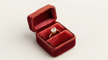 Shiny gold ring with diamond in red velvet box, isolated on white background, ideal for romantic proposals