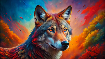 Vibrant illustration of a majestic red wolf set against a stunning colorful background, showcasing its wild beauty and fierce predator nature in high definition.