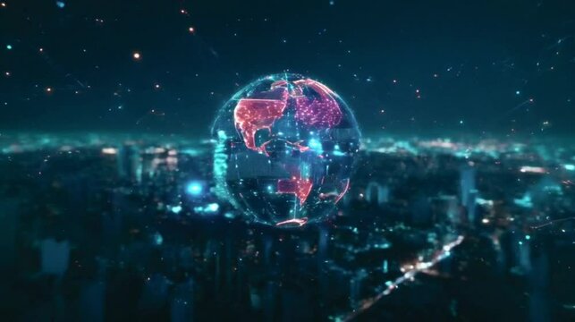 Global Network Over Night City. A digital globe with a network of lines and dots over a blurry city night scene. Seamless looping video background animation. Generated with AI