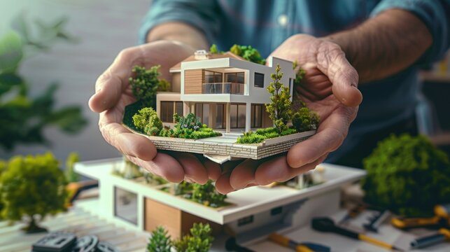 architectural man holding a modern house model