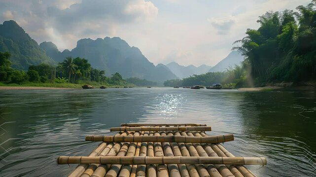 Animation Scenic bamboo raft ride through lush mountain river. generated with ai
