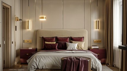 Modern stylish bedroom in beige with maroon decor accents and brass-accented lighting, showcasing elegant and trendy minimalist design.