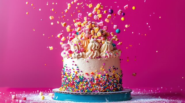 playful pop rocks cake exploding with color, isolated on a vibrant magenta background