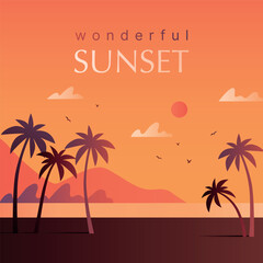 Fototapeta premium Evening on the beach with palm trees. An evening on the beach with palm trees. Colorful picture for rest. Wonderful sunset. Vector illustration