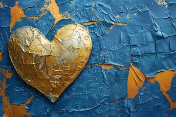 Gold heart shape on textured blue and gold background.