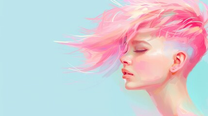 A stylish girl with pastel pink hair and a shaved side, in a bright and colorful digital painting style, highlighting her unique hairstyle