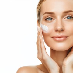 A woman in a half-body view, with visible arms, applying retinol treatment to her face. The background is isolated on a white background.