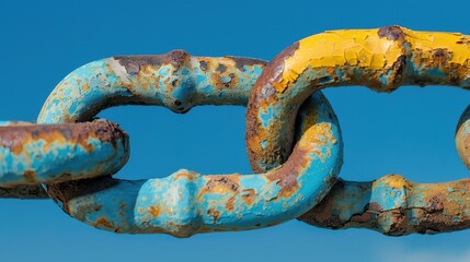 A chain with a blue and yellow link. The chain is rusted and has a worn appearance