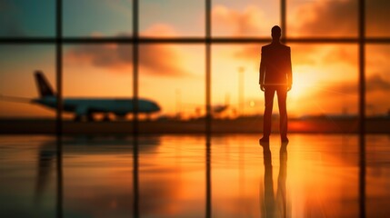 A man stands in front of an airplane, looking out at it. Concept of anticipation and excitement, as the man prepares to embark on a journey
