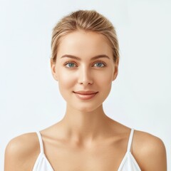 A woman in a half-body view, with visible arms, demonstrating the application of a hydrating serum. The background is isolated on a white background.