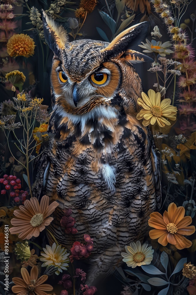 Poster an owl in a field of flowers