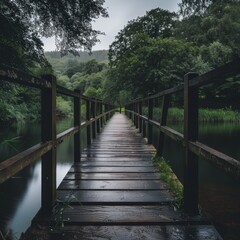 Fototapeta premium A high-quality stock image of a picturesque wooden bridge over a calm river. The scene is serene and inviting, perfect for nature lovers. AI generation.