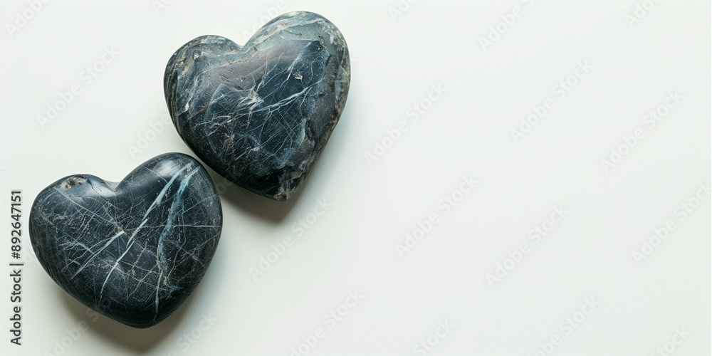 Sticker banner with two grey heart-shaped stones on white background with copy space.