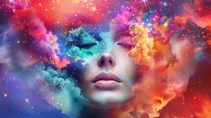 Fototapeta premium A womans face adorned with celestial constellations, with a background of a cosmic nebula in vivid colors