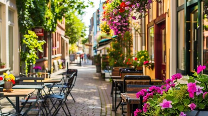 Outdoor Cafe Tables and Chairs on a Sunny Day in a European City