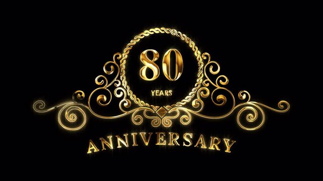 80th Anniversary Celebration. Golden 80 Years Anniversary Animation in Gold Color on the Transparent Background, Alpha Channel. Great for greetings, celebrations, events, and gifts.