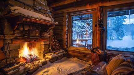 Cozy Cabin Fireplace With Snowy View