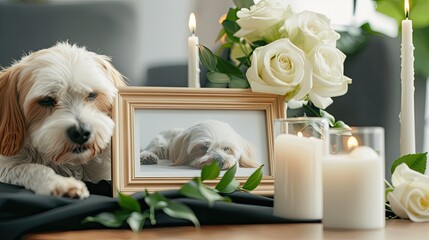 A framed photo of a dog rests on a white bed, surrounded by white roses and burning candles.