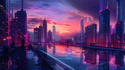 Naklejka premium Neon Cityscape at Sunset With Wet Pavement Reflections