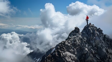 Adult male hiker sitting on rocky mountain above clouds. 