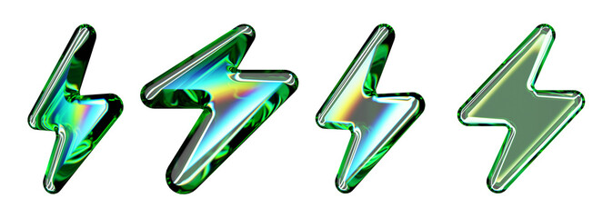 Set of 3d transparent glossy energy sign with dispersion effect. Rainbow colors reflection glass....