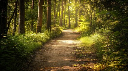 Fototapeta premium Sunny Forest Path Winding Through Lush Green Trees