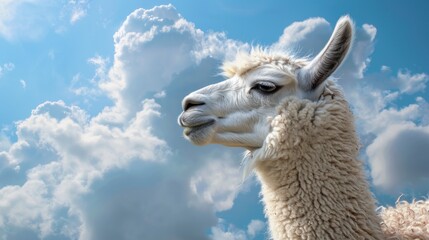 Obraz premium alpaca goat head with clouds background