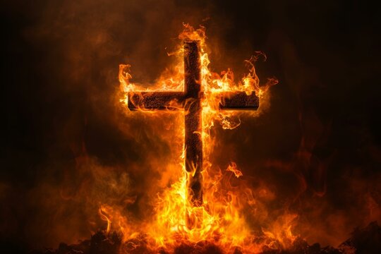 Wooden cross engulfed in intense flames, symbolizing faith and spirituality against a black backdrop