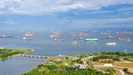 Aerial View Of Marina Barrage And Ships On The Ocean, Singapore.