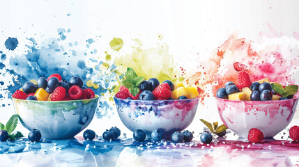 A watercolor splash of three bowls with fresh berries, vibrant colors against a white background in the style of digital art, Generative AI