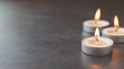 A group of white candles burn brightly, casting warm light and reflecting on a dark surface. White roses surround the candles, creating a romantic and serene atmosphere.
