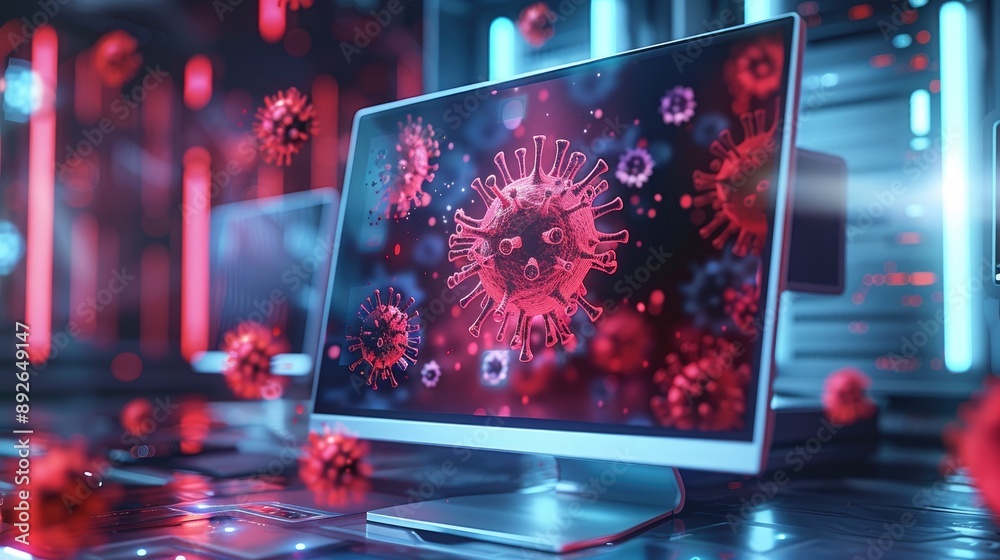 Poster abstract image of a computer screen with a virus alert, emphasizing the need for cybersecurity vigil