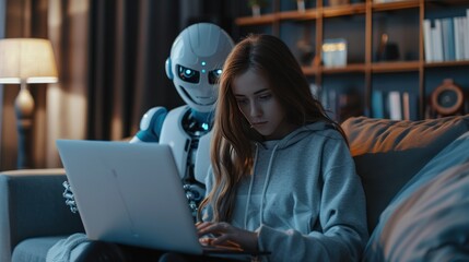 a young woman and a humanoid robot use a laptop to study